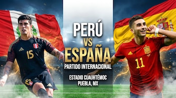 Portada de fútbol mostrando a Alfonso Barco (Perú) y Ferran Torres (España), con sus banderas nacionales y el texto 'PERÚ VS ESPAÑA PARTIDO INTERNACIONAL'.