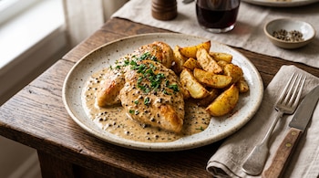 Plato con pechugas de pollo en salsa de pimienta, papas al horno, cubiertos y una copa de vino sobre una mesa de madera.