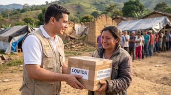 Un hombre con chaleco de DPS entrega una caja con las palabras "COMIDA" y "ROPA - AYUDA HUMANITARIA" a una mujer. Al fondo, refugios temporales y personas en fila.