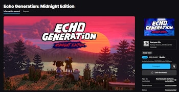 Captura de pantalla de una página de tienda de videojuegos con título "Echo Generation: Midnight Edition", imagen pixel art, calificación ESRB y oferta gratuita