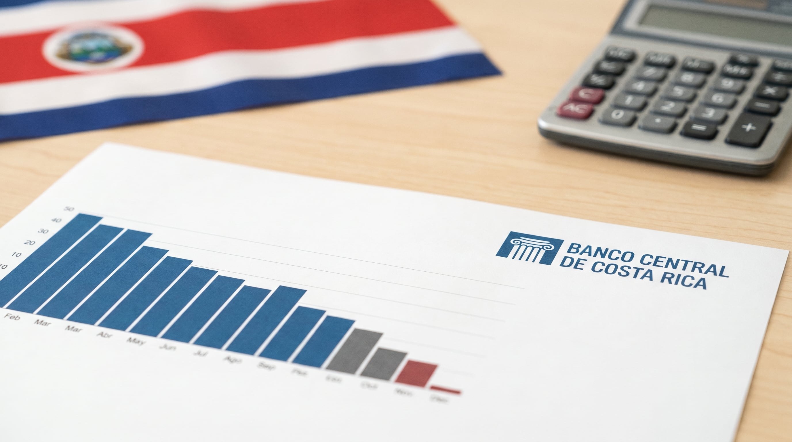 Un gráfico económico descendente y el logo del Banco Central de Costa Rica son visibles sobre una mesa de madera clara, con una bandera costarricense y una calculadora en el fondo. (Imagen Ilustrativa Infobae)