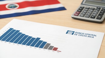 Close de um gráfico suspenso e do logotipo do BCCR em um documento, com uma bandeira da Costa Rica e uma calculadora desfocada no fundo.