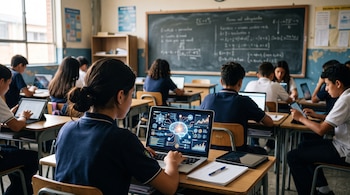 Estudiantes en un aula sentados frente a computadoras portátiles con un pizarrón verde de fondo.