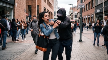 Un hombre con capucha y mascarilla le quita el teléfono celular a una mujer en una calle peatonal.