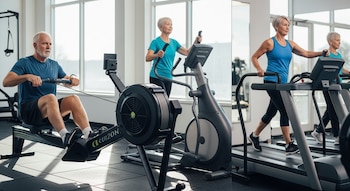 Un hombre y dos mujeres de edad avanzada ejercitan en un gimnasio con máquinas de remo, elípticas y cintas de correr frente a ventanales amplios.