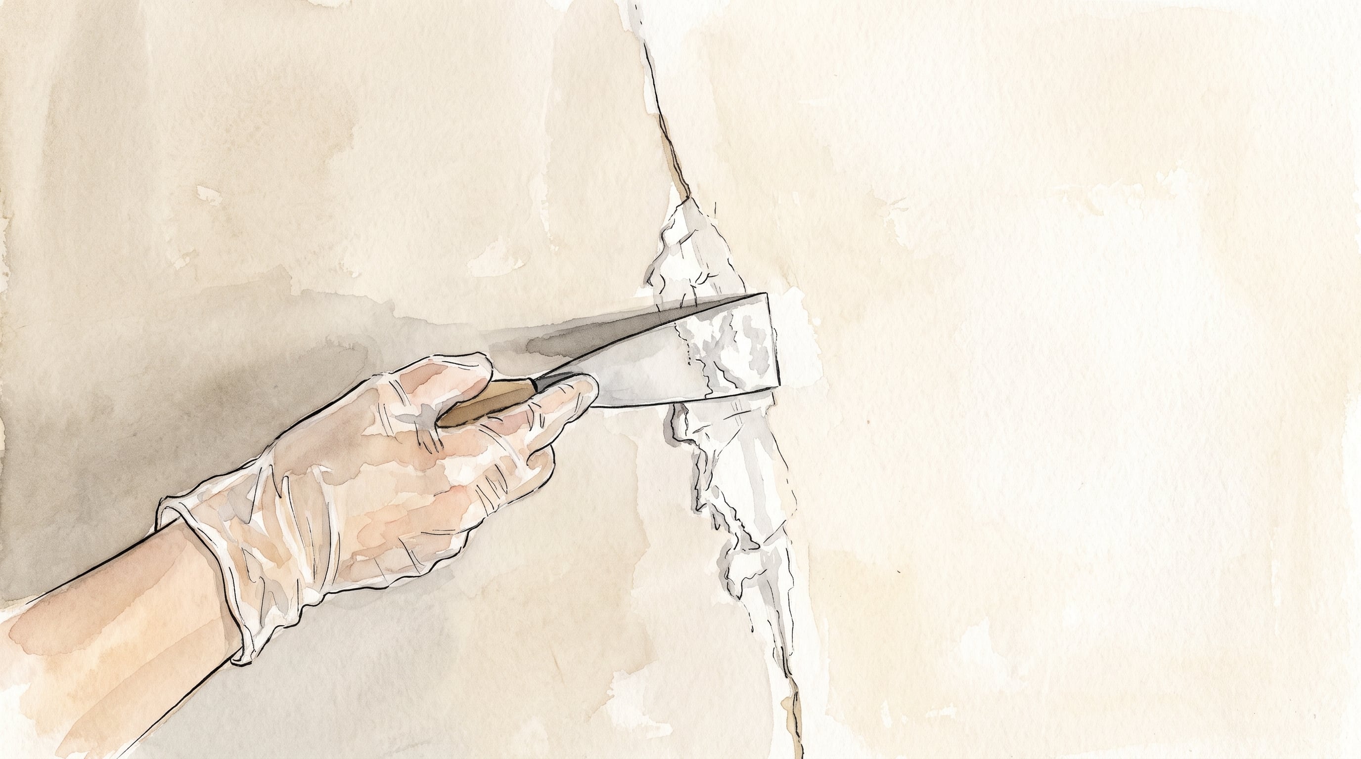 Una mano provista de un guante de protección aplica masilla sobre la grieta de una pared con ayuda de una espátula. (Imagen Ilustrativa Infobae)