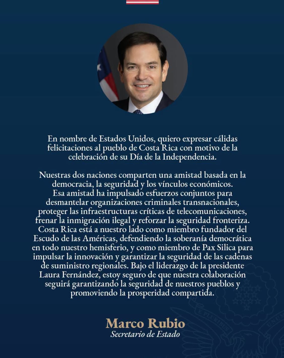 Rubio mencionó los esfuerzos conjuntos para enfrentar organizaciones criminales transnacionales y reforzar la seguridad fronteriza. Crédito: Embajada de Estados Unidos Costa Rica