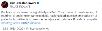 Defensores de direitos humanos pedem mecanismo de segurança para Beto Coral devido ao perigo político - crédito @LUISEROLAVE/X