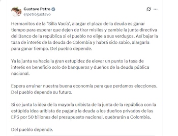 El presidente Gustavo Petro criticó a la Junta Directiva del Banco de la República por elevar la tasa de interés - crédito @petrogustavo/X