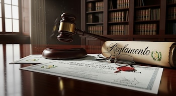 Mazo de juez y placa de sonido sobre documentos de bonos del tesoro guatemaltecos y un pergamino con la palabra 'Reglamento' en un escritorio de madera.
