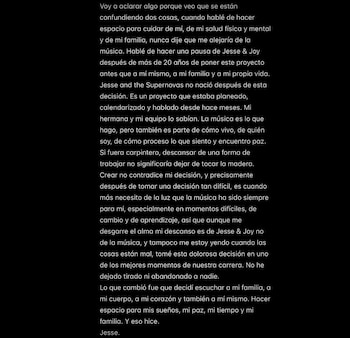 Comunicado de Jesse Huerta (Instagram/jesseboy)