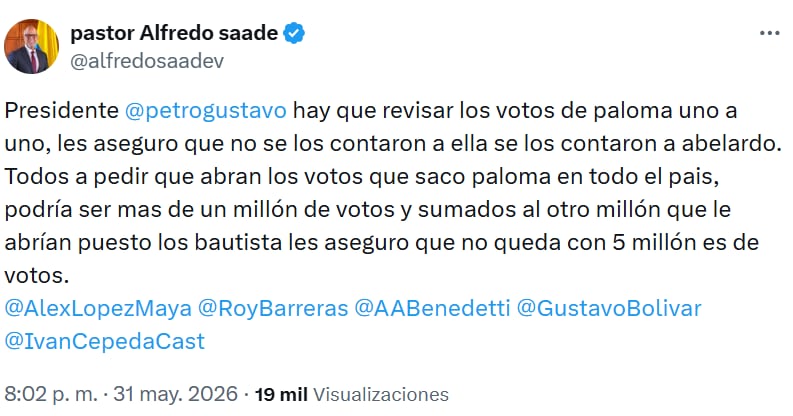 Publicación de Alfredo Saade en la que cuestionó y solicitó una revisión del escrutinio. - crédito @alfredosaadev/X