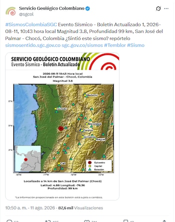 El epicentro del movimiento telúrico fue en San José del Palmar - crédito @sgcol/X