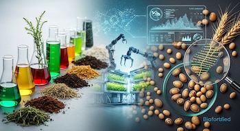 Frascos de laboratorio, plantas, pilas de ingredientes naturales, brazos robóticos en cultivo vertical, semillas, lupa, gráficos digitales y texto Biofortified.