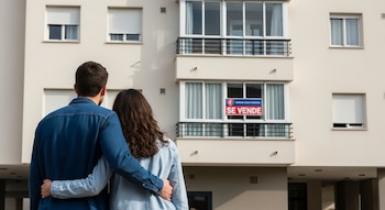 Una pareja de espaldas, hombre y mujer, se abrazan y miran un edificio de apartamentos beige con un cartel de 'SE VENDE' en un balcón