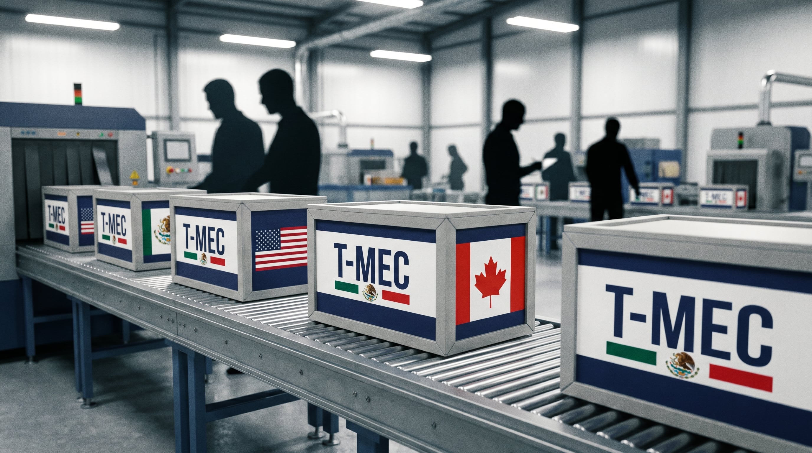 Cajas de exportación con el logo del T-MEC y banderas de México, EE. UU. y Canadá se desplazan en una cinta transportadora industrial, con trabajadores difuminados al fondo, simbolizando el dinamismo del comercio regional. (Imagen Ilustrativa Infobae)