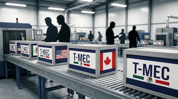Cajas con el logo del T-MEC y banderas de México, EE. UU. y Canadá en una cinta transportadora industrial, con siluetas de trabajadores desenfocados en segundo plano.