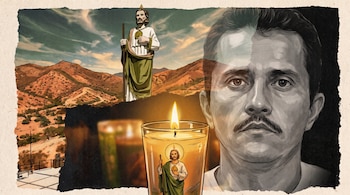 Ilustración con el rostro de un hombre, la estatua de San Judas Tadeo en unas colinas y una veladora de cristal encendida en primer plano.