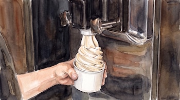 Una mano sujeta un vaso blanco mientras helado suave de vainilla es dispensado por una máquina de helados. El fondo es una mezcla de tonos marrones y negros.