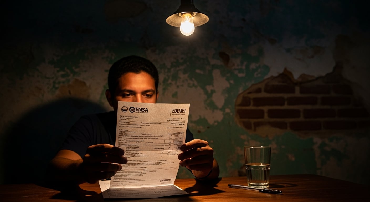 Bajo la luz de una bombilla, un hombre panameño examina su recibo de energía eléctrica de ENSA y EDEMET, reflejando la preocupación por los costos del servicio. (Imagen Ilustrativa Infobae)