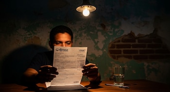 Un hombre lee un recibo de luz bajo la bombilla de un techo. En la mesa, un vaso de agua y un bolígrafo. El fondo es una pared texturizada con ladrillos expuestos.