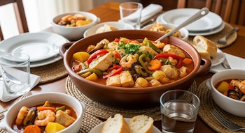 Cazuela de barro con chupín de pescado casero, con camarones, mejillones, trozos de pescado y verduras coloridas, en una mesa de madera con platos y vasos listos.