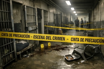 Pasillo de prisión oscuro con celdas, cinta amarilla de "ESCENA DEL CRIMEN" al frente, manchas de sangre, silla volcada y bandejas en el suelo. Figuras borrosas al fondo.