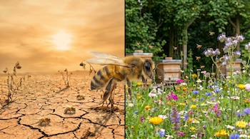 Imagen dividida horizontalmente. A la izquierda, un desierto agrietado con una abeja grande en primer plano y plantas secas. A la derecha, un campo de flores vibrantes con abejas volando y colmenas.