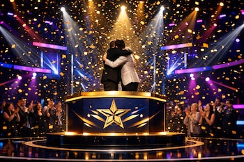 Dos personas abrazándose sobre un podio azul con logo dorado en un escenario de televisión. Cae confeti dorado, rodeado de luces de colores y un público borroso.