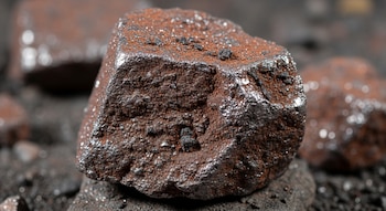 Un trozo grande de mineral de hierro con superficie metálica gris y partículas rojizas, rodeado de otros fragmentos y una base granular oscura.