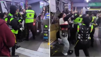 Fuerte enfrentamiento en Transmilenio, entre el equipo de seguridad y una pareja de colados: todo quedó en video