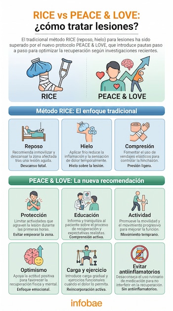 Infografía de Infobae. Muestra comparación de métodos RICE y PEACE & LOVE para tratar lesiones, con ilustraciones y texto explicativo.