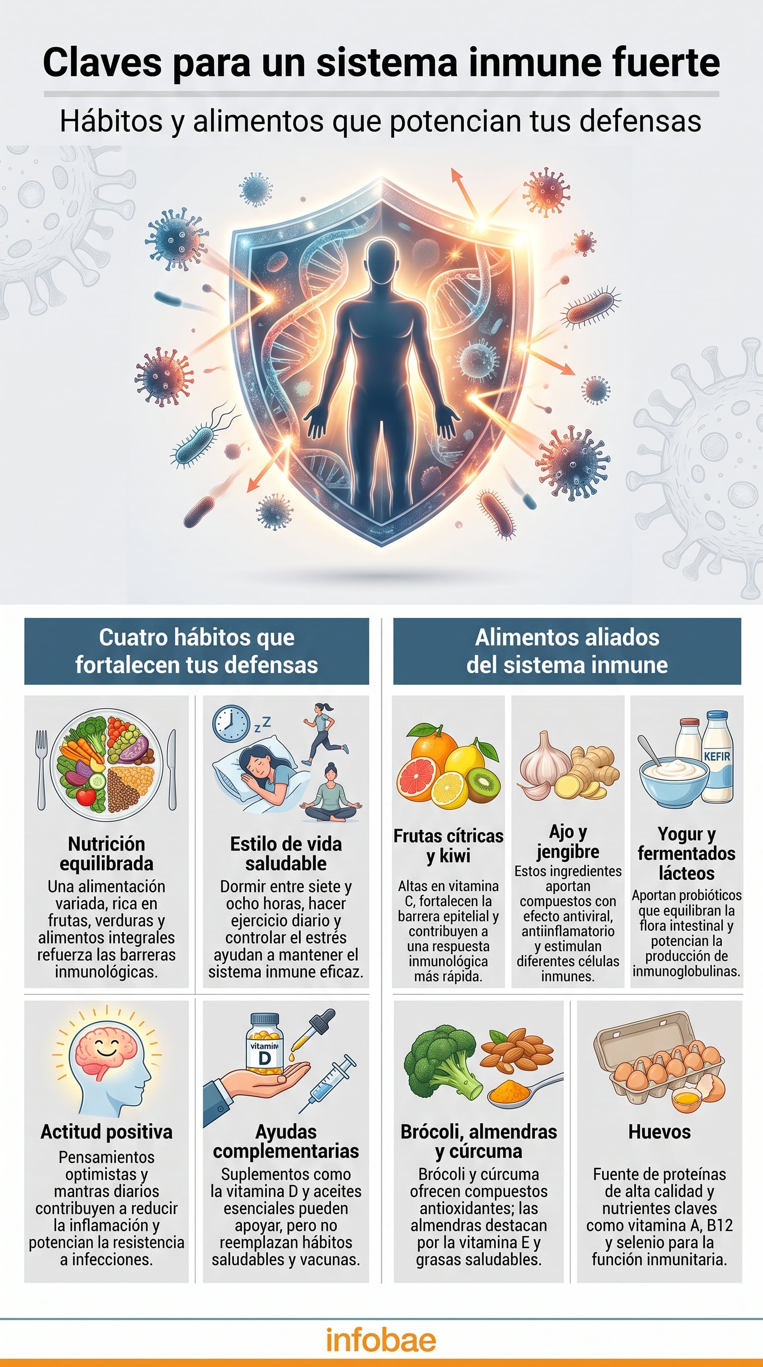 El sistema inmune combate bacterias, virus, parásitos y hongos, neutraliza agentes dañinos y ataca células alteradas como las asociadas al cáncer (Infografía Infobae)