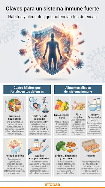 Infografía con cuerpo humano protegido por escudo frente a virus. Muestra ilustraciones de alimentos, suplementos y hábitos como dieta, ejercicio, sueño y meditación.