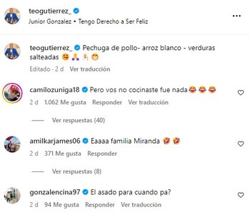 Camilo Zúñiga y compañía le comentaron a Teófilo Gutiérrez por su nuevo canal de cocina - crédito Teófilo Gutiérrez / Instagram