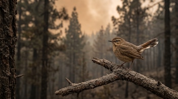 Un ave de plumaje pardo sobre una rama cubierta de ceniza gris ante un bosque de pinos cubierto de humo.