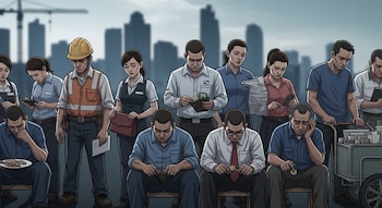 Ilustración de un grupo diverso de trabajadores con expresiones de tristeza y preocupación, algunos contando monedas o mirando sus carteras vacías, con un fondo de ciudad.