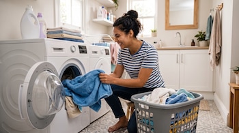 Una mujer arrodillada mete una toalla azul en una lavadora blanca abierta, junto a un cesto con ropa y detergentes.