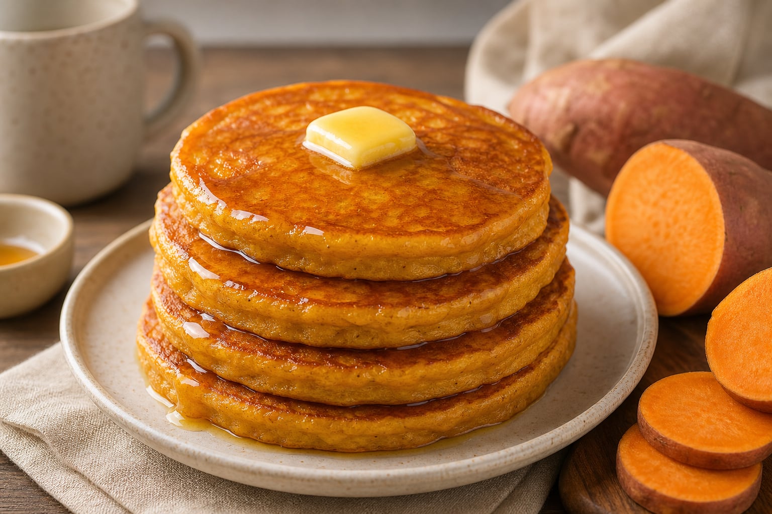 Una pila de tortitas de camote se presenta en un plato con mantequilla y jarabe junto a camotes enteros y rebanados. (Imagen Ilustrativa Infobae)