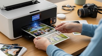 Primer plano de manos retirando una hoja con cuatro fotos impresas de una impresora blanca y negra sobre un escritorio de madera, con una cámara al fondo.