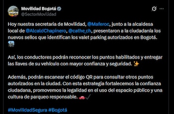 La Secretaría Distrital de Movilidad informó que el código QR permite consultar el Registro Distrital de Estacionamientos y la ubicación de los puntos autorizados en un mapa - crédito @SectorMovilidad/X