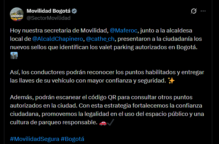 La Secretaría Distrital de Movilidad informó que el código QR permite consultar el Registro Distrital de Estacionamientos y la ubicación de los puntos autorizados en un mapa - crédito @SectorMovilidad/X