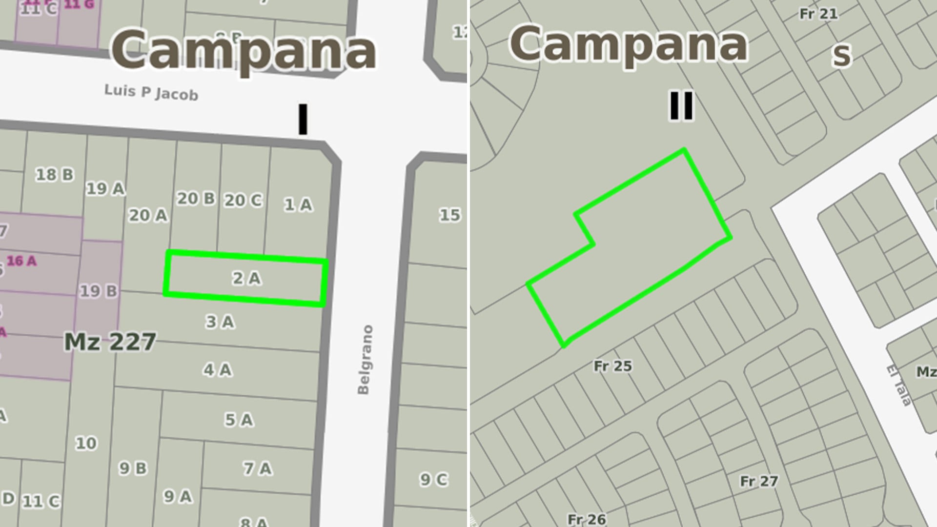 Las ubicaciones de dos propiedades de María Soledad Calle en Campana
