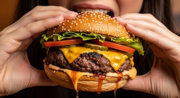 Primer plano de la boca de una mujer mordiendo una hamburguesa con queso. Sus manos sostienen el pan, la carne, el queso, lechuga, tomate y pepinillos.