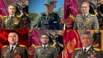 Mosaico con seis fotos de militares venezolanos con uniformes de gala e insignias sobre fondos con banderas y un retrato histórico