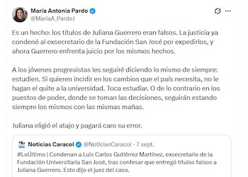 María Antonia Pardo cuestionó a sectores de la izquierda y pidió a los jóvenes progresistas no buscar “atajos” en su formación académica - crédito @MariaA_PardoJ/X