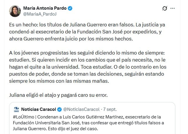 María Antonia Pardo cuestionó a sectores de la izquierda y pidió a los jóvenes progresistas no buscar “atajos” en su formación académica - crédito @MariaA_PardoJ/X