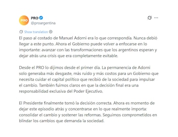 Comunicado PRO sobre la renuncia de Adorni