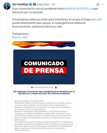 Ilan Goldfajn, presidente do BID, disse que trabalhará com o novo governo para melhorar a vida dos colombianos. - crédito IGoldfajn/X