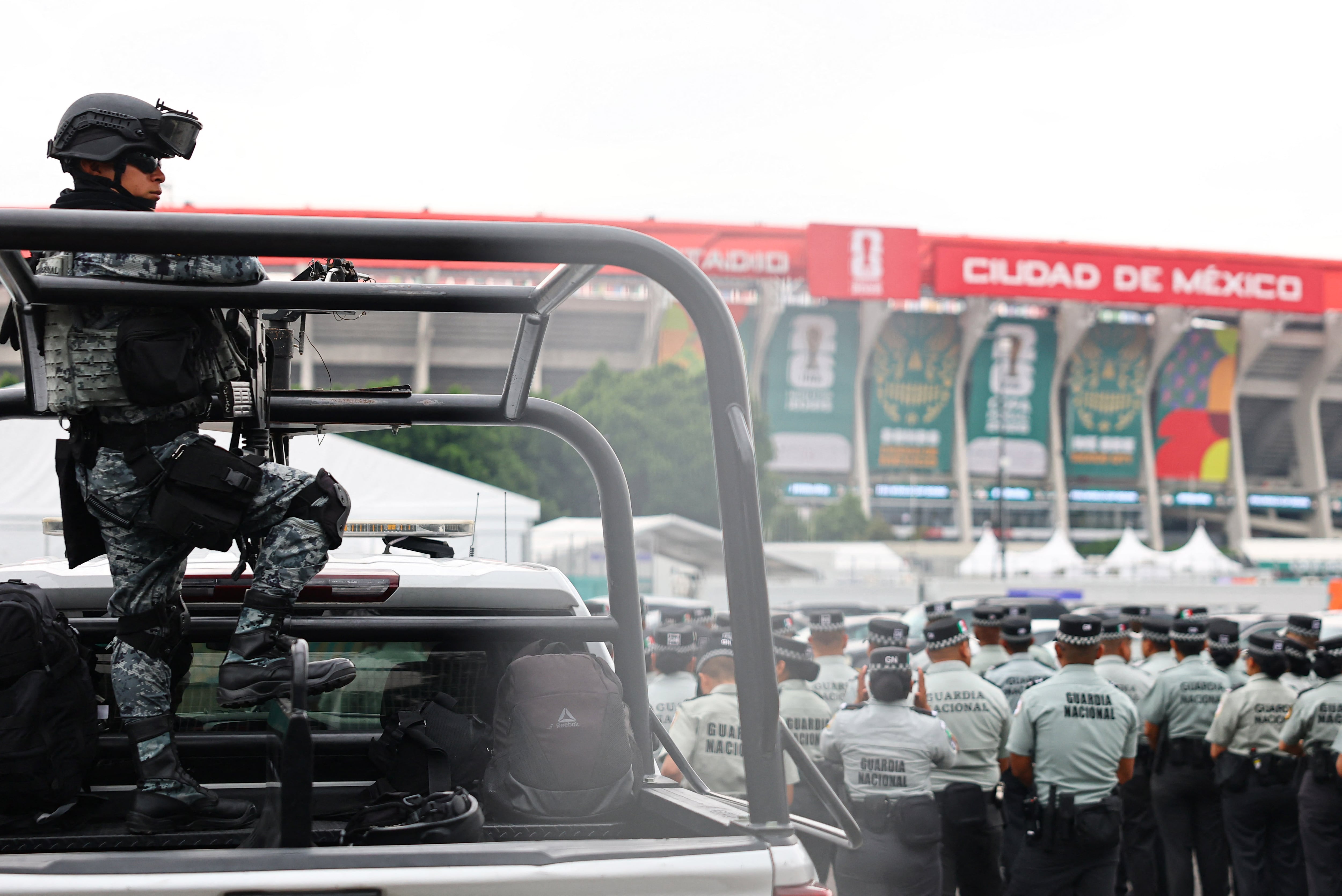 Soccer Football - FIFA World Cup 2026 - Group A - Mexico v South Africa Preview - Estadio Azteca, Mexico City, Mexico - June 10, 2026 Police officers outside the Estadio Azteca ahead of the match REUTERS/Kai Pfaffenbach